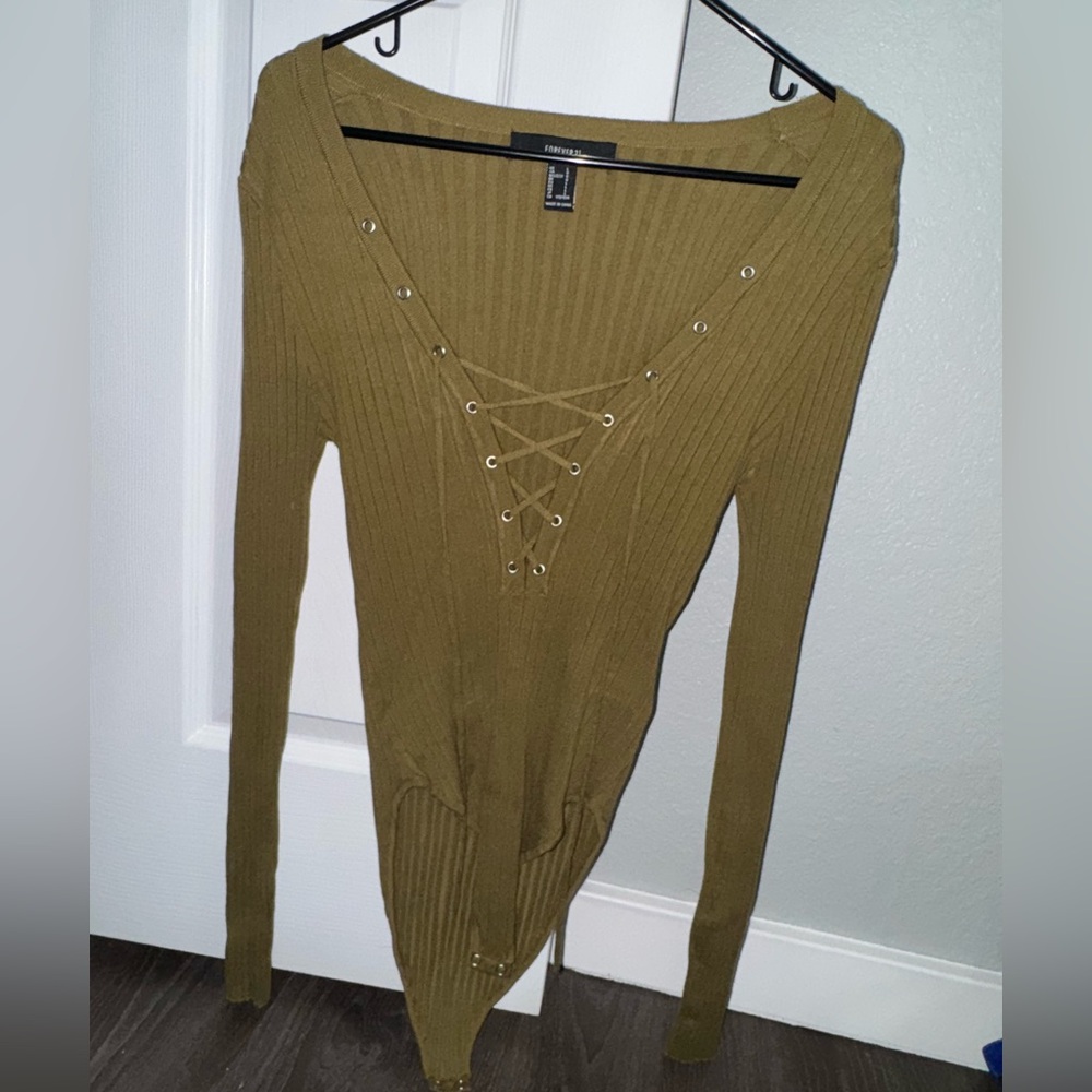 Ribbed Olive Lace-Up Top